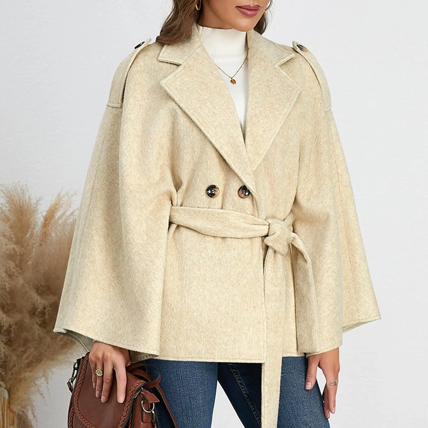 HGps8w Women's Elegant Wool Blend Poncho Cape, Double-Breasted Lapel Collar Trench Coat Jackets with Belt
