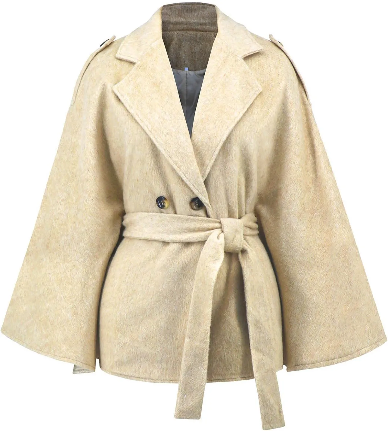 HGps8w Women's Elegant Wool Blend Poncho Cape, Double-Breasted Lapel Collar Trench Coat Jackets with Belt