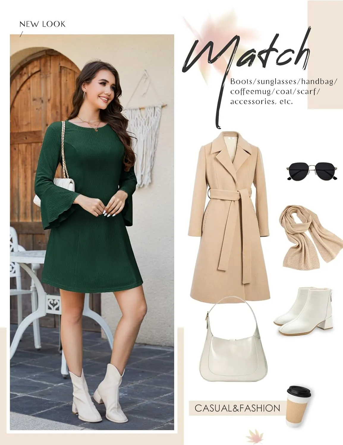 HomRain Women's Casual Spring Dress 3/4 Bell Sleeve Work Church A-Line Dresses for Women 2025 Crewneck Knit Sweater Outfits
