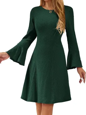 HomRain Women's Casual Spring Dress 3/4 Bell Sleeve Work Church A-Line Dresses for Women 2025 Crewneck Knit Sweater Outfits