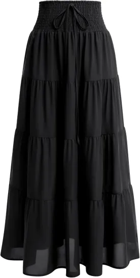 IWEMEK Women Boho Elastic Waist A Line Ruffle Beach Convertible Maxi Skirt Dress Tired Pleated Drawstring Chiffon Long Skirts