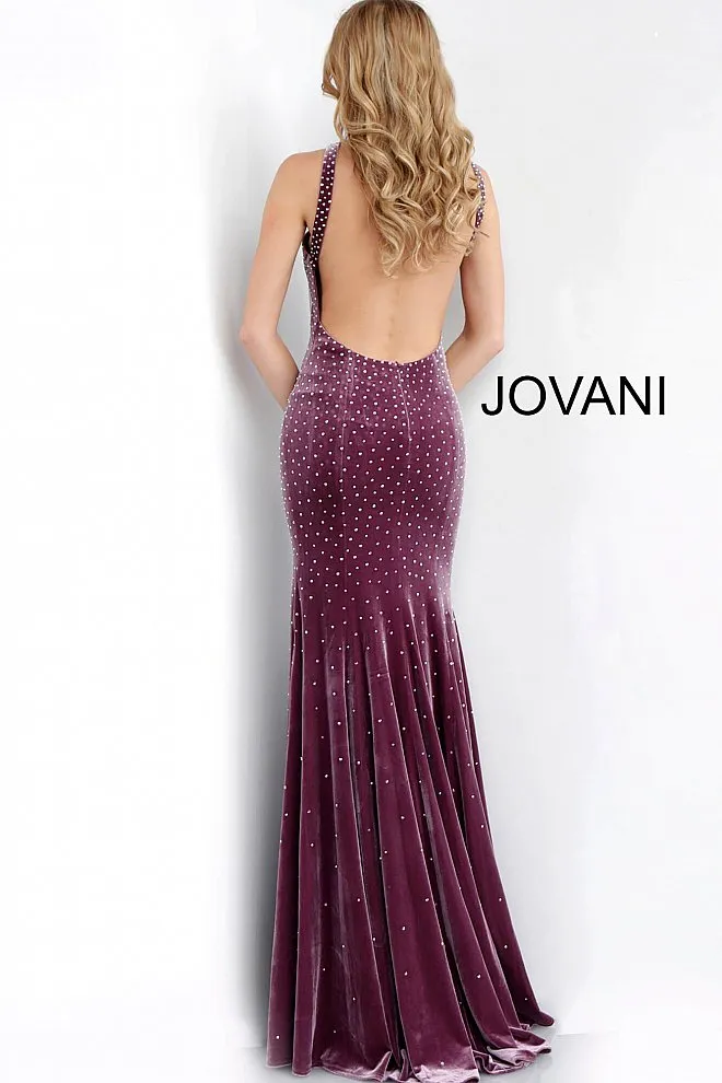Jovani 63935 Size 0 Mauve Velvet crystal Keyhole neck Prom Dress Pageant Gown Slit
