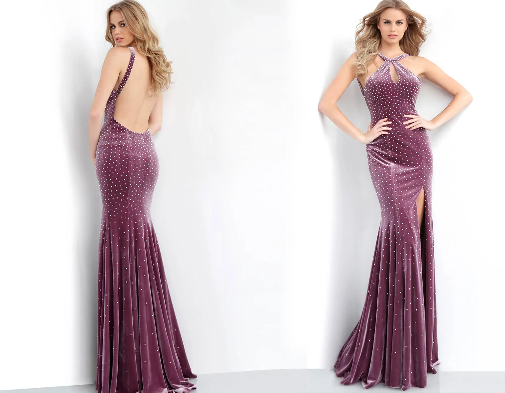 Jovani 63935 Size 0 Mauve Velvet crystal Keyhole neck Prom Dress Pageant Gown Slit