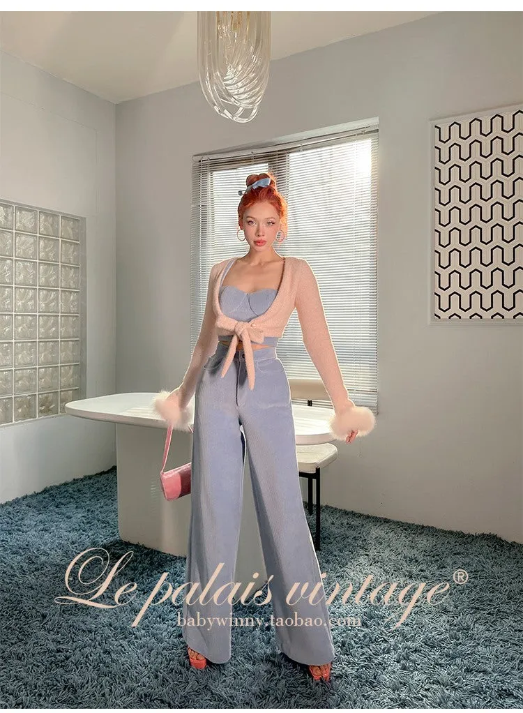Le Palais Vintage Violet Corduroy Corset Top High-waisted Wide-Leg Pants - Cypress