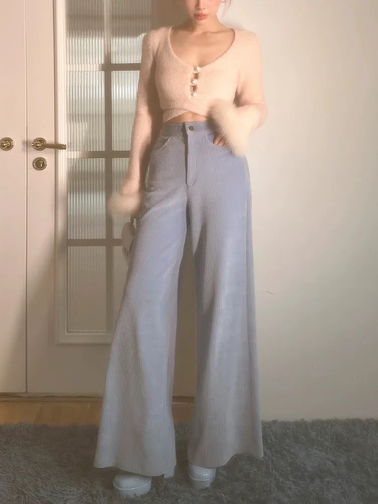 Le Palais Vintage Violet Corduroy Corset Top High-waisted Wide-Leg Pants - Cypress