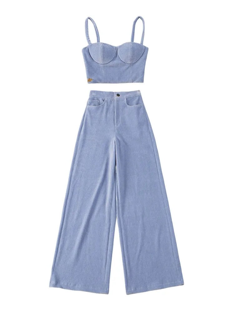 Le Palais Vintage Violet Corduroy Corset Top High-waisted Wide-Leg Pants - Cypress