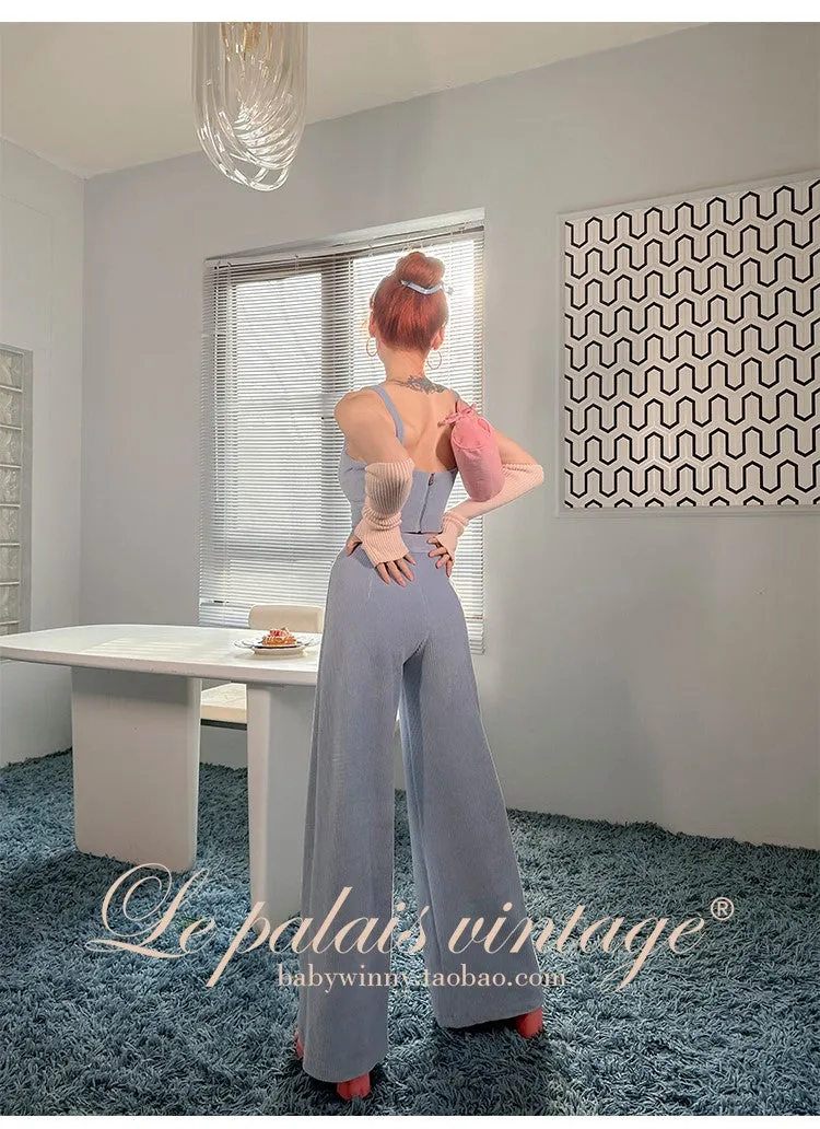 Le Palais Vintage Violet Corduroy Corset Top High-waisted Wide-Leg Pants - Cypress