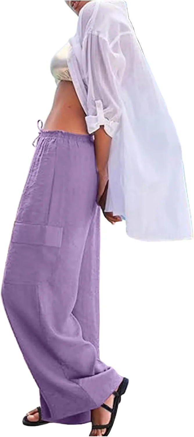 Linen Cargo Pants Women Summer Hiking Elastic High Waisted Wide Leg Trouser Beach Asual Baggy Palazzo Pants with Pockets