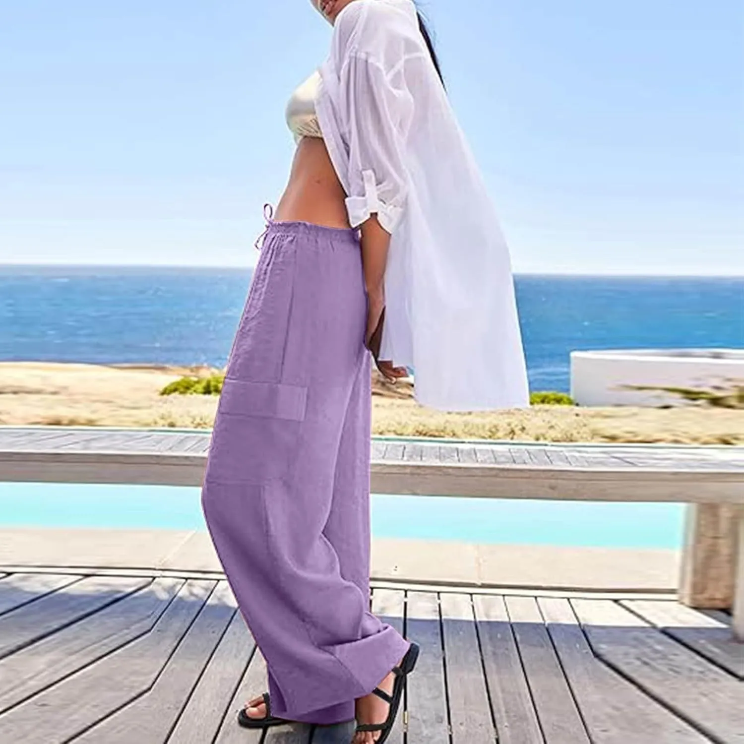 Linen Cargo Pants Women Summer Hiking Elastic High Waisted Wide Leg Trouser Beach Asual Baggy Palazzo Pants with Pockets