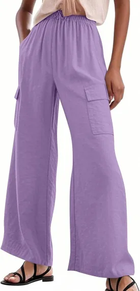 Linen Cargo Pants Women Summer Hiking Elastic High Waisted Wide Leg Trouser Beach Asual Baggy Palazzo Pants with Pockets