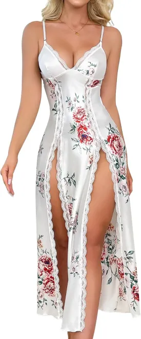 Lingerie Dress for Women V Neck Long Sexy Nightgowns for Women Side Split Sexy Night Gowns S-XXL