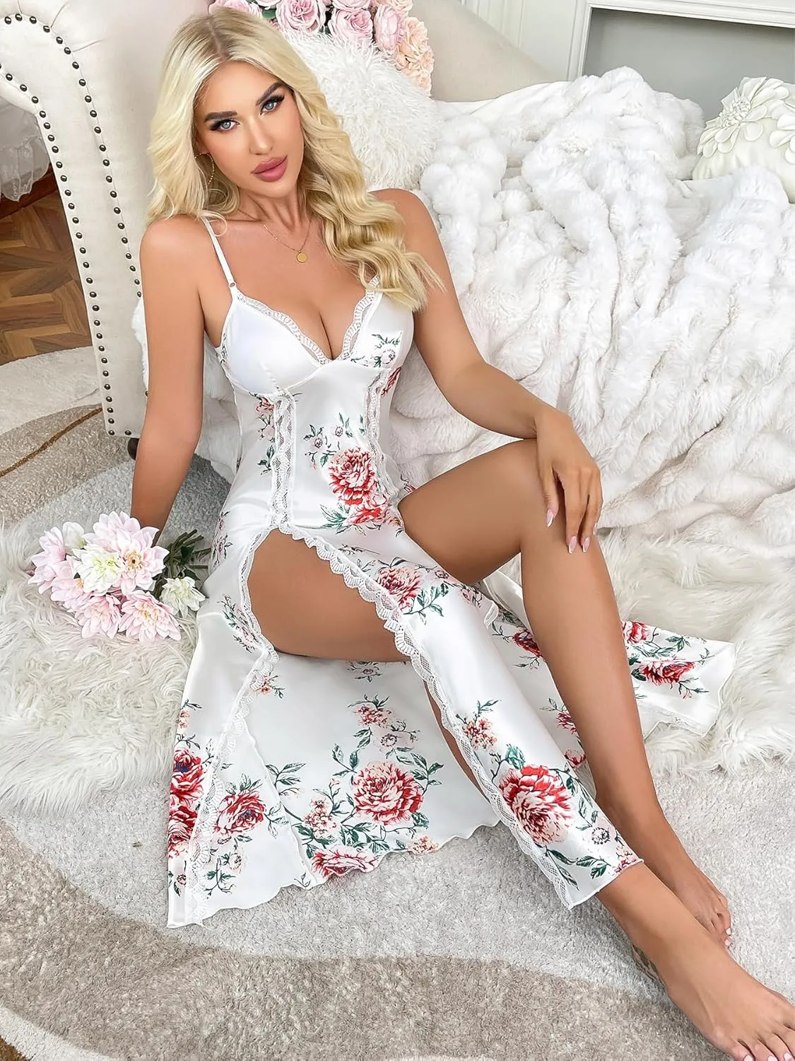 Lingerie Dress for Women V Neck Long Sexy Nightgowns for Women Side Split Sexy Night Gowns S-XXL