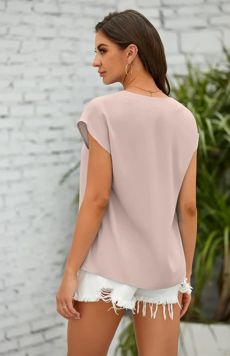 Lynwitkui Women's V Neck Chiffon Blouses Cap Sleeve Shirts Casual Loose Work Office Solid Tops