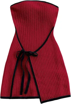 MakeMeChic Women's Knitted Strapless Dress Wrap Tie Front Sleeveless Bodycon Mini Tube Dresses