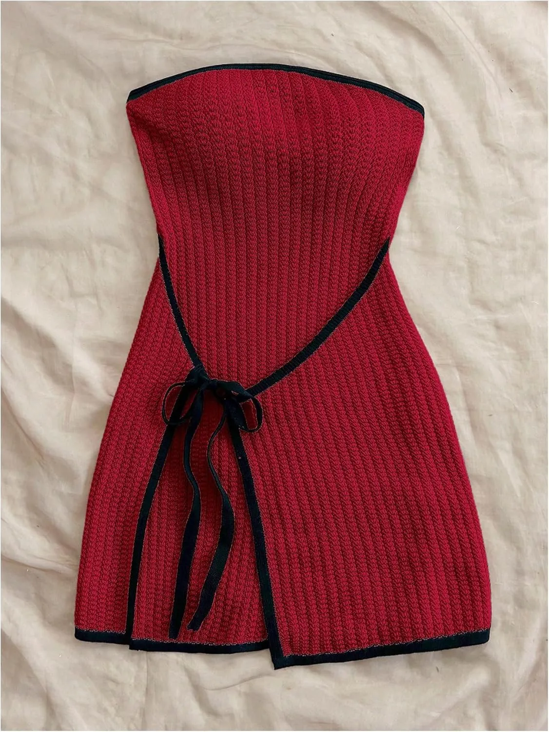 MakeMeChic Women's Knitted Strapless Dress Wrap Tie Front Sleeveless Bodycon Mini Tube Dresses
