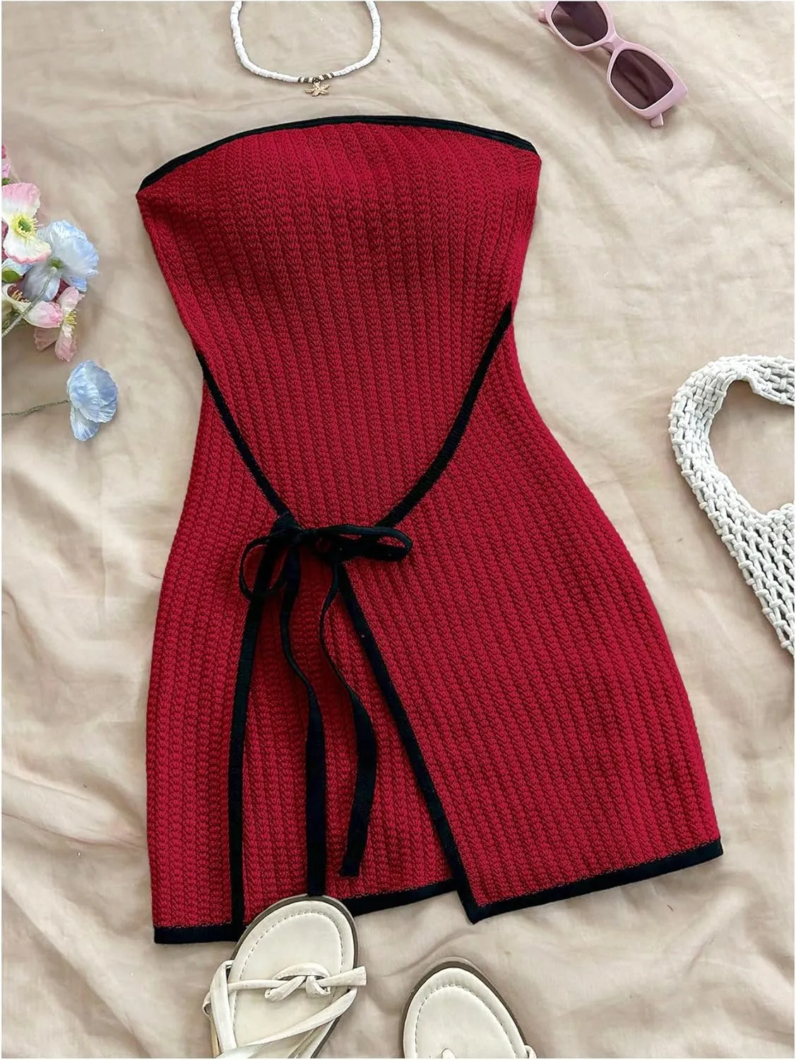 MakeMeChic Women's Knitted Strapless Dress Wrap Tie Front Sleeveless Bodycon Mini Tube Dresses