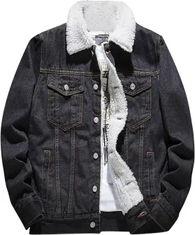 Mens Denim Jacket Winter Lapel Sherpa Fleece Lined Thicken Casual Stylish Warm Button Trucker Jean Jackets Coats, L-6XL