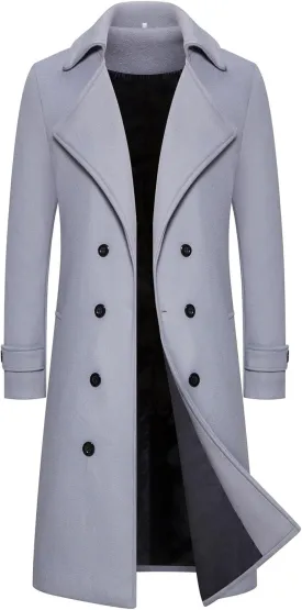 Mens Notch Lapel Long Pea Coat Wool Blend Casual Jacket Double-Breasted Slim Fit Trench Coat with Pockets