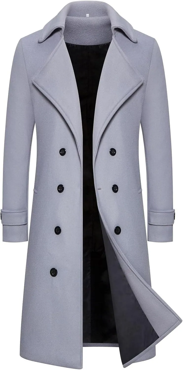 Mens Notch Lapel Long Pea Coat Wool Blend Casual Jacket Double-Breasted Slim Fit Trench Coat with Pockets