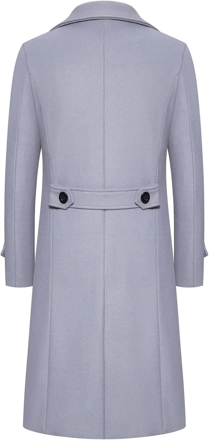 Mens Notch Lapel Long Pea Coat Wool Blend Casual Jacket Double-Breasted Slim Fit Trench Coat with Pockets