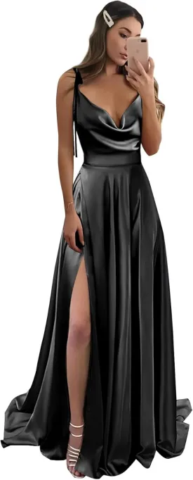Monvelli Cowl Neck Satin Bridesmaid Dresses Long with Slit Spaghetti Straps Formal Prom Evening Gowns with Pockets 2025