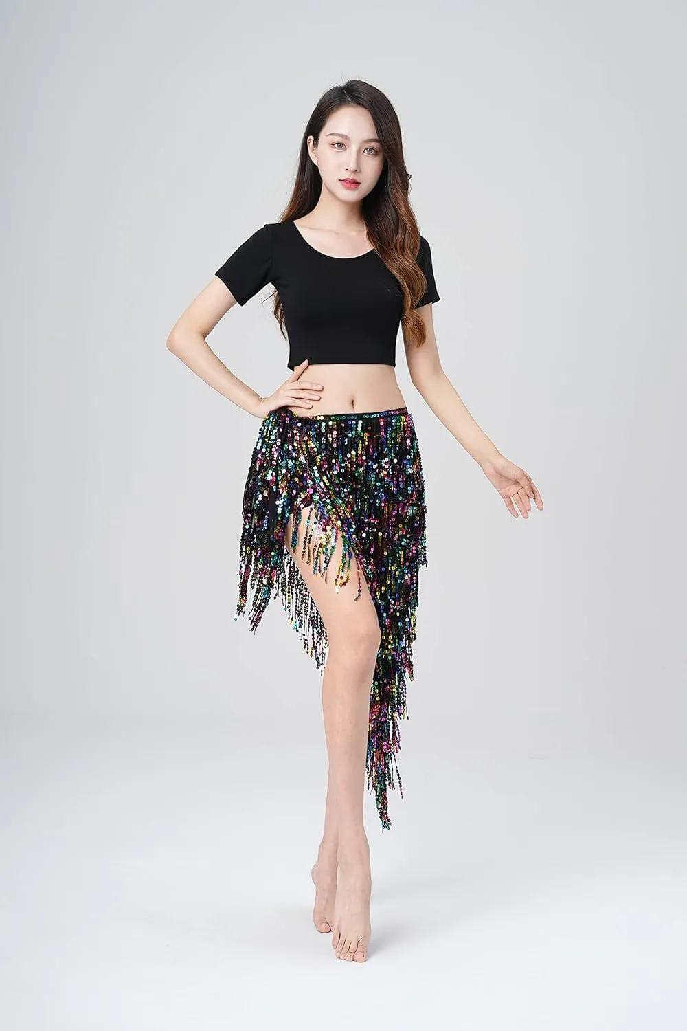 MUNAFIE Hip Scarf for Belly Dance Folk Dance Halloween Costume Tribal Dance Skirt with Sequin Tassel