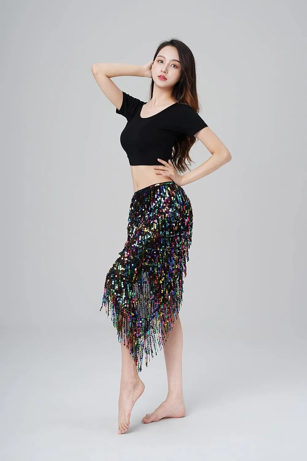 MUNAFIE Hip Scarf for Belly Dance Folk Dance Halloween Costume Tribal Dance Skirt with Sequin Tassel