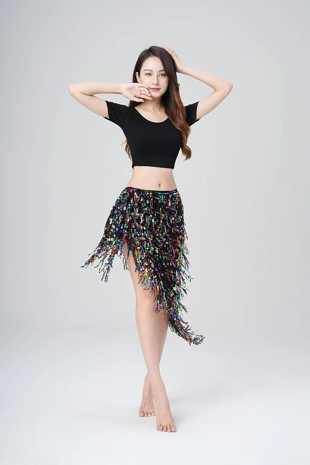 MUNAFIE Hip Scarf for Belly Dance Folk Dance Halloween Costume Tribal Dance Skirt with Sequin Tassel
