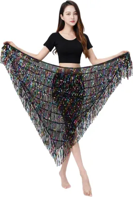 MUNAFIE Hip Scarf for Belly Dance Folk Dance Halloween Costume Tribal Dance Skirt with Sequin Tassel
