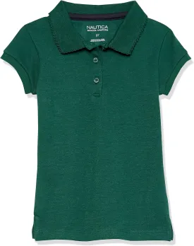Nautica Girls' School Uniform Short Sleeve Polo Shirt, Button Closure, Soft Pique Fabric