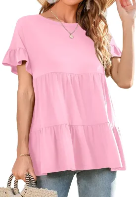 Neineiwu Women's Casual Ruffle Short Sleeve Crewneck Loose Tops Blouses Tunics