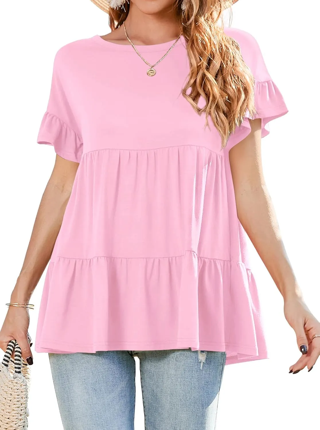 Neineiwu Women's Casual Ruffle Short Sleeve Crewneck Loose Tops Blouses Tunics