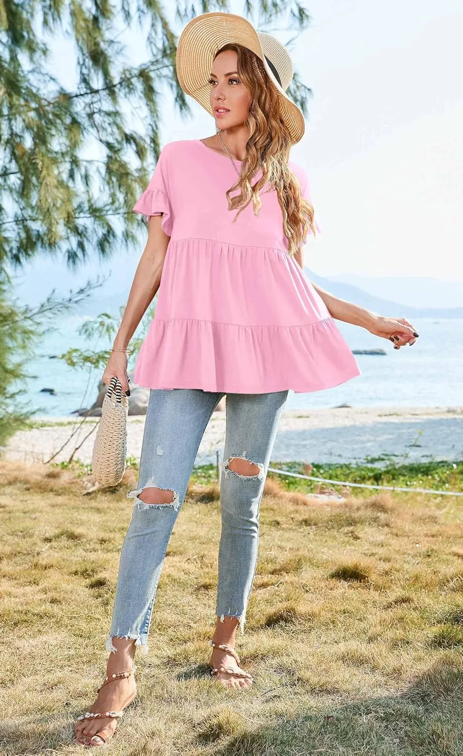 Neineiwu Women's Casual Ruffle Short Sleeve Crewneck Loose Tops Blouses Tunics