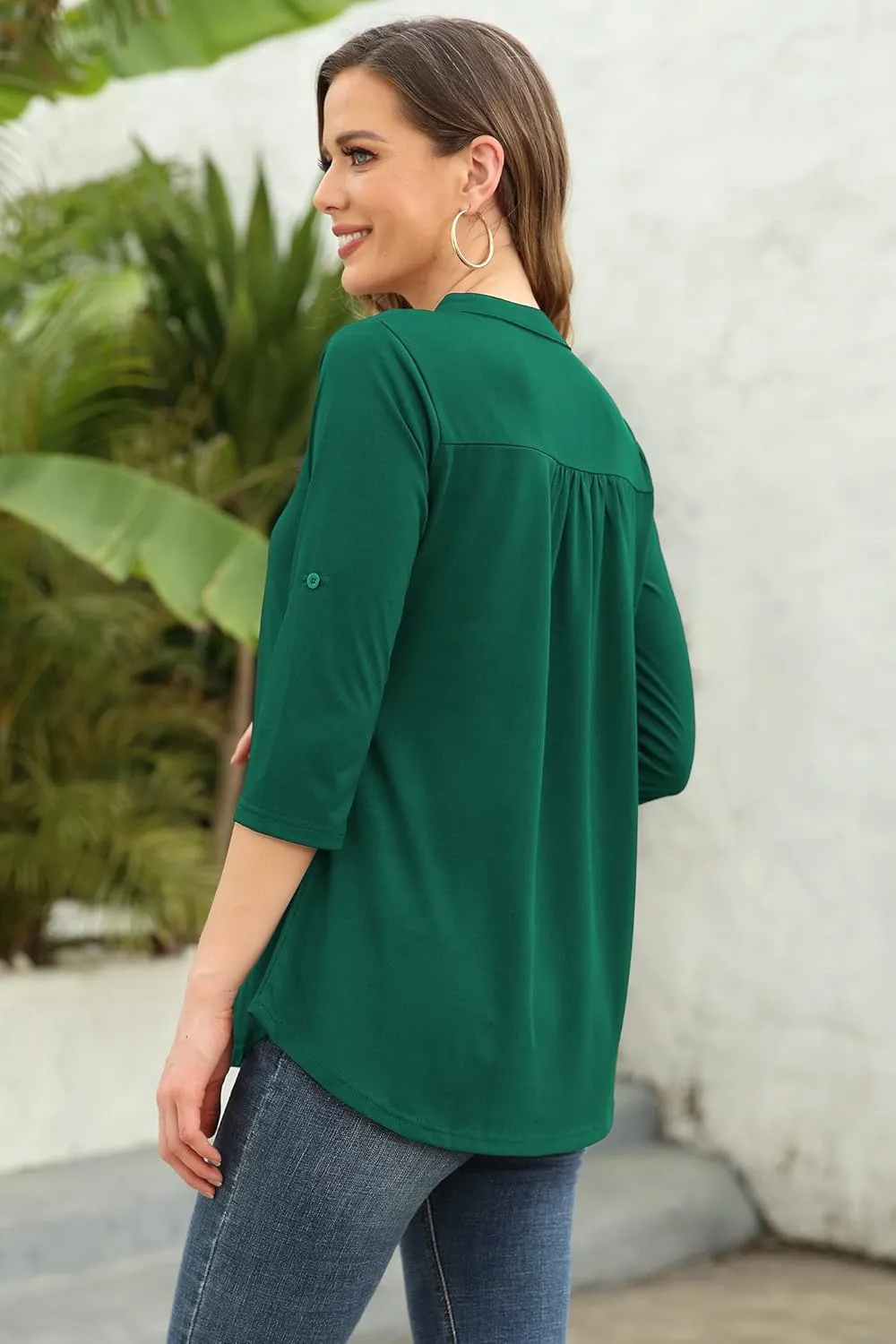 Ninedaily Womens Tops Dressy Casual 3/4 Sleeve V Neck Chiffon Shirt Work Blouses