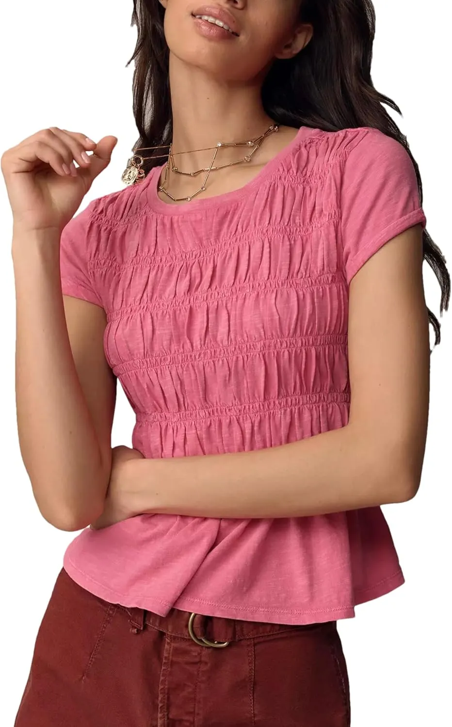 Peplum Babydoll Tops for Women Summer Going Out Top Casual Crew Neck Flowy Loose Fit Tunic Shirts Cute Blouses