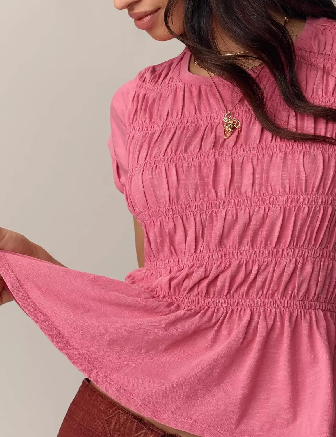 Peplum Babydoll Tops for Women Summer Going Out Top Casual Crew Neck Flowy Loose Fit Tunic Shirts Cute Blouses