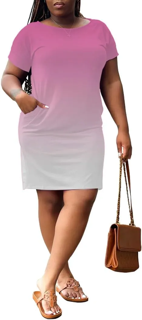 PINSV Women Plus Size Summer Casual T Shirt Dresses Short Sleeve Tunic Dress with Pockets