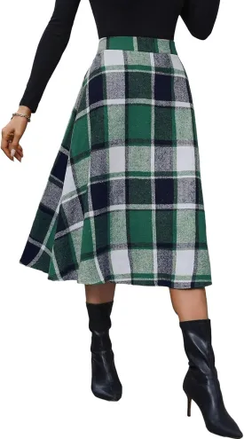 Plaid Skirts for Women High Waist Wool Skirts A-Line Tartan Midi Skirts
