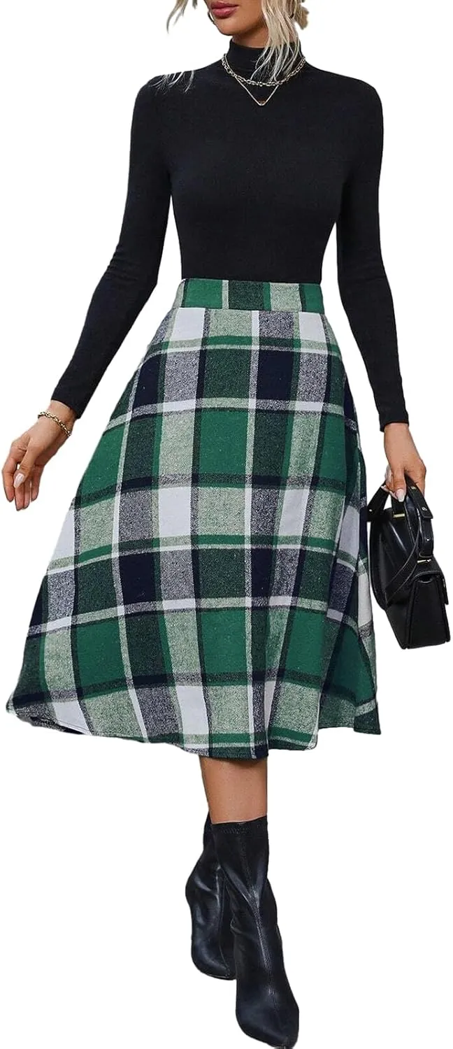 Plaid Skirts for Women High Waist Wool Skirts A-Line Tartan Midi Skirts