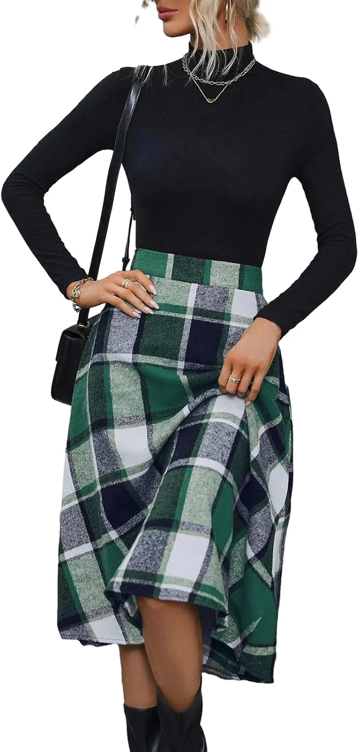 Plaid Skirts for Women High Waist Wool Skirts A-Line Tartan Midi Skirts