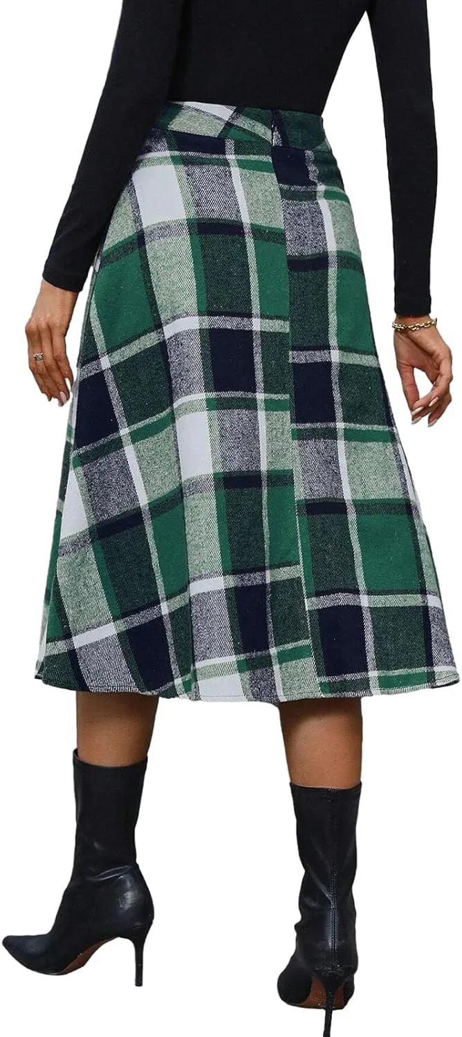 Plaid Skirts for Women High Waist Wool Skirts A-Line Tartan Midi Skirts