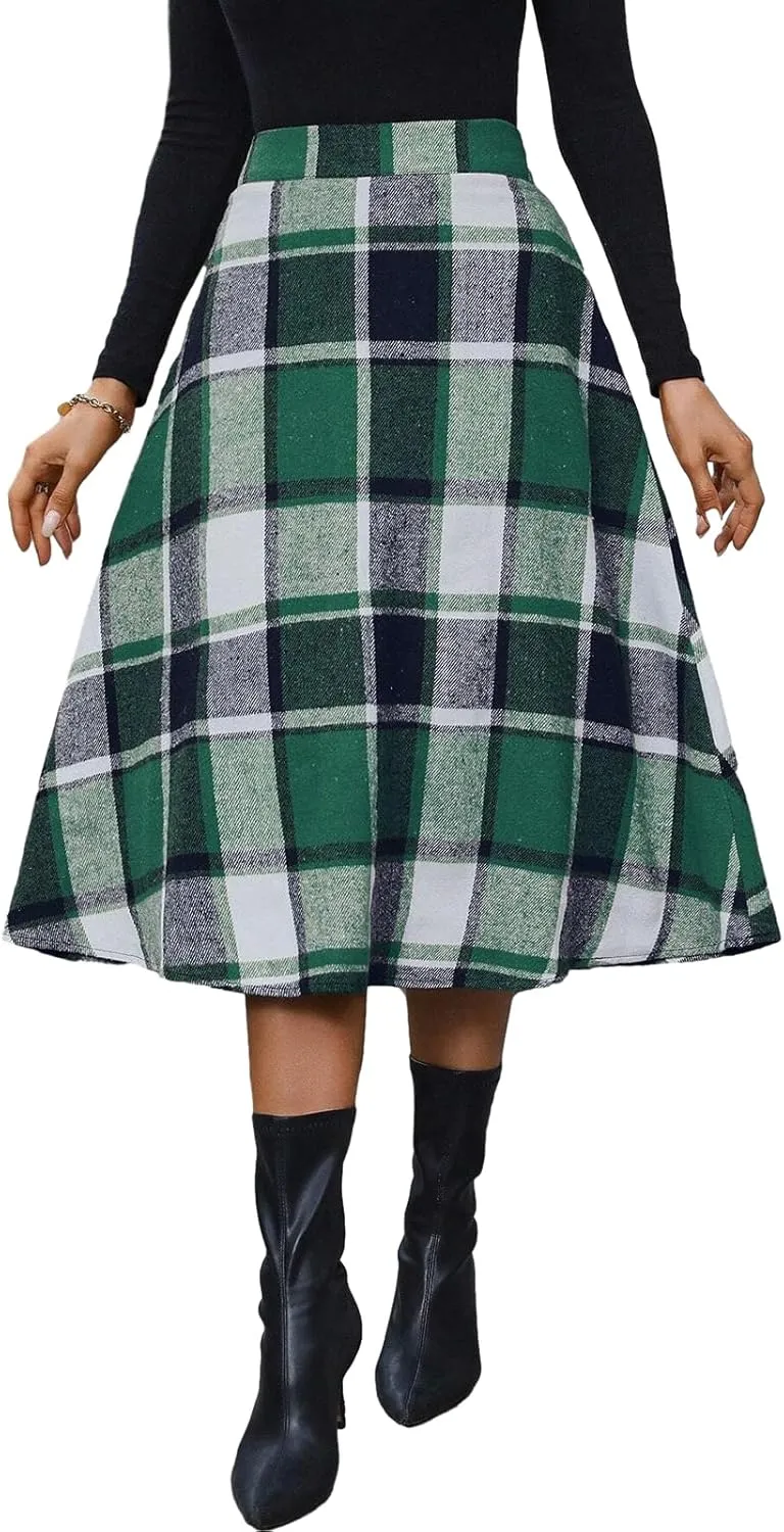 Plaid Skirts for Women High Waist Wool Skirts A-Line Tartan Midi Skirts