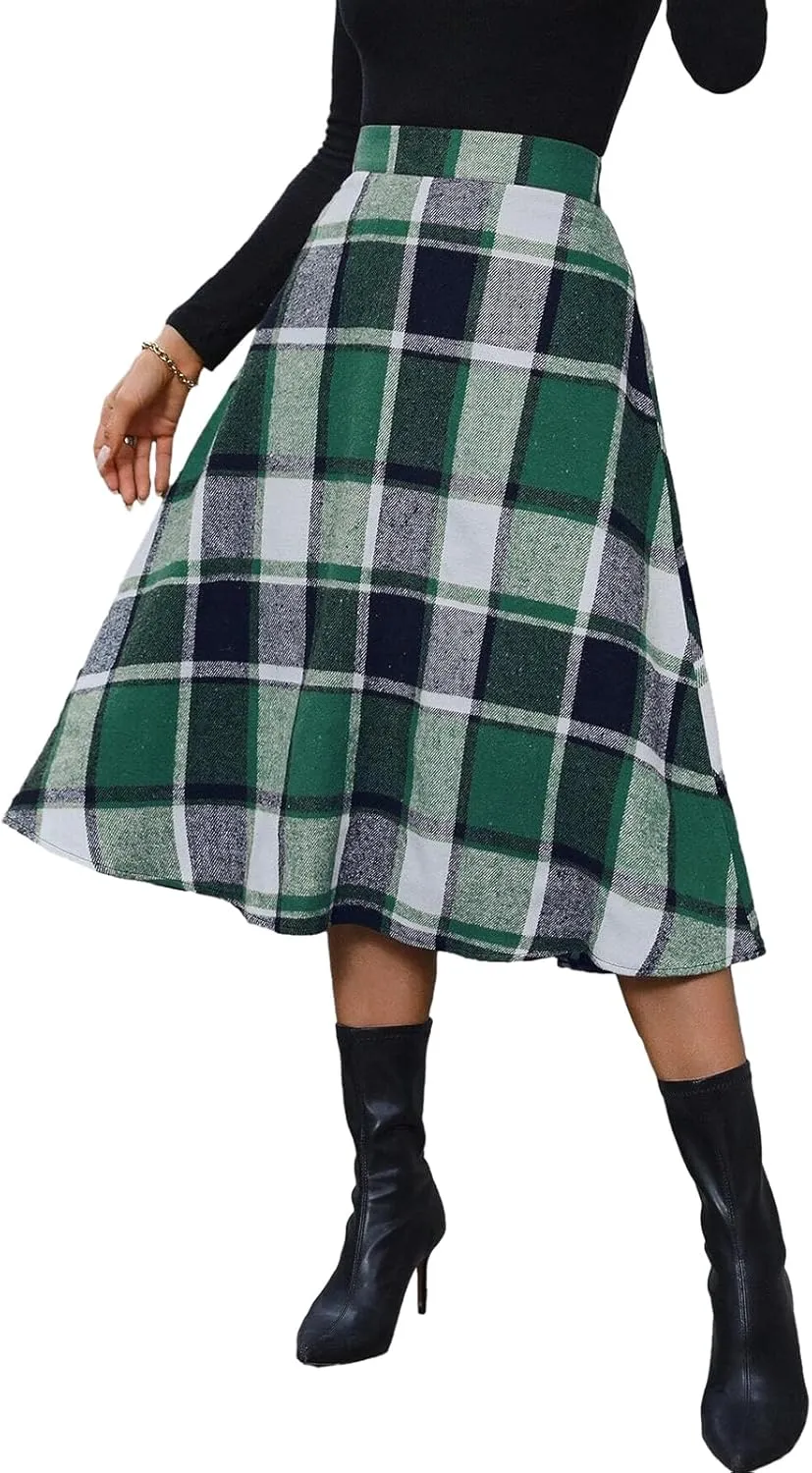 Plaid Skirts for Women High Waist Wool Skirts A-Line Tartan Midi Skirts