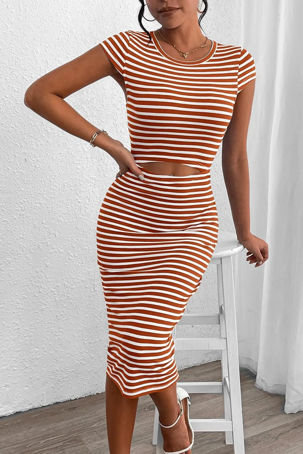 PRETTYGARDEN Women's Long Sleeve Midi Bodycon Dresses Casual Crewneck Cut Out Ribbed Knit Fitted Pencil Dress