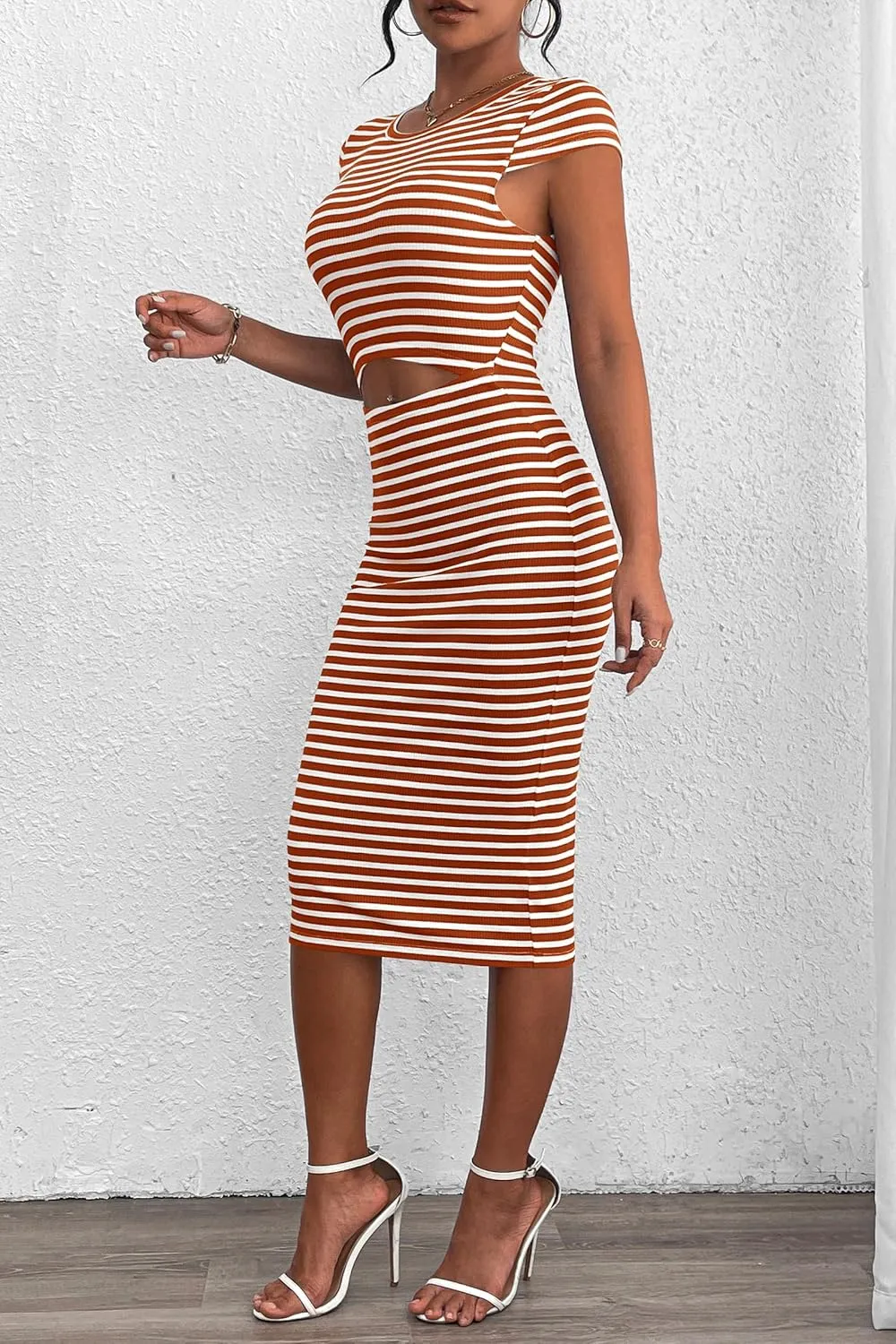 PRETTYGARDEN Women's Long Sleeve Midi Bodycon Dresses Casual Crewneck Cut Out Ribbed Knit Fitted Pencil Dress