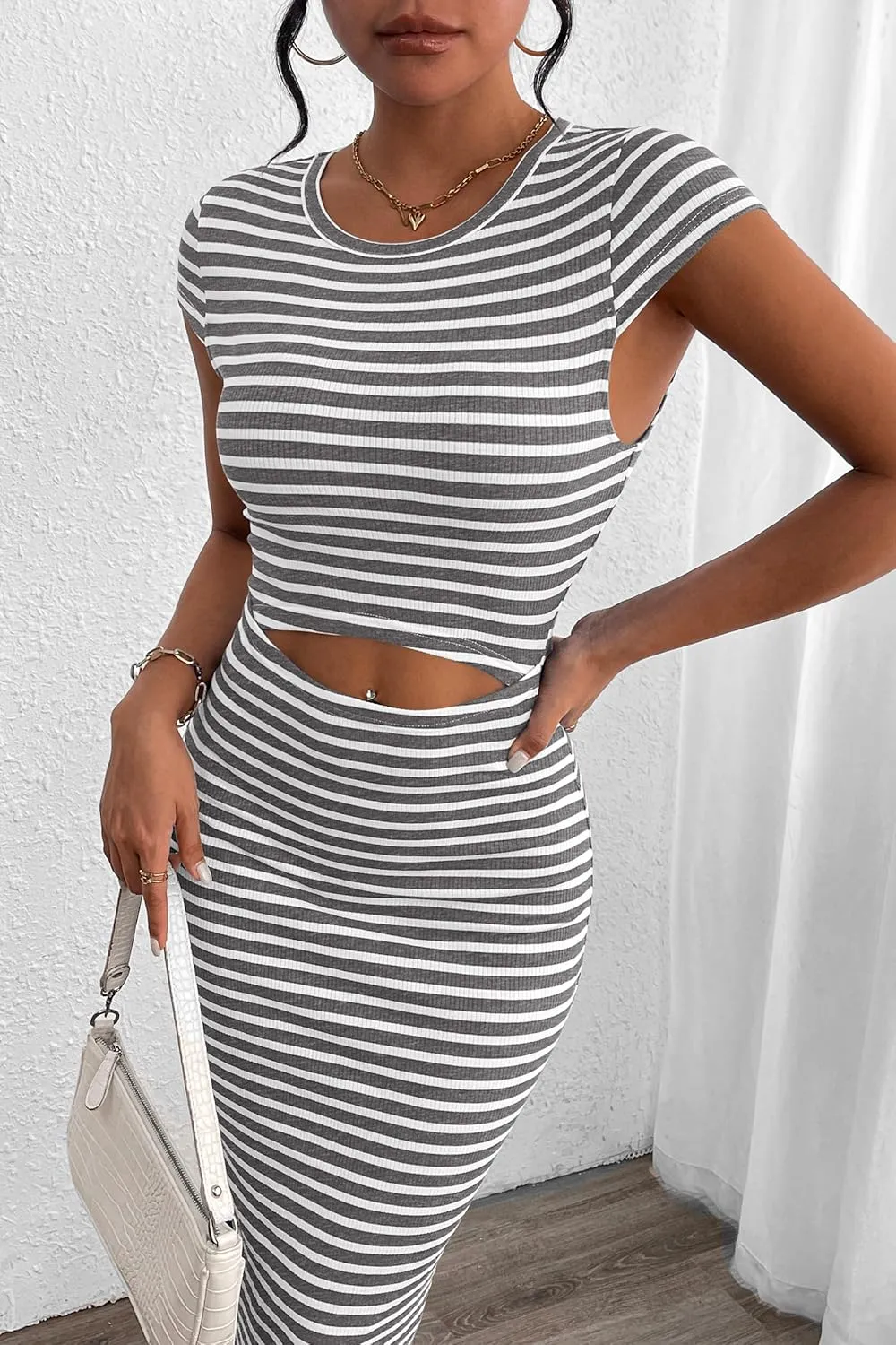 PRETTYGARDEN Women's Long Sleeve Midi Bodycon Dresses Casual Crewneck Cut Out Ribbed Knit Fitted Pencil Dress