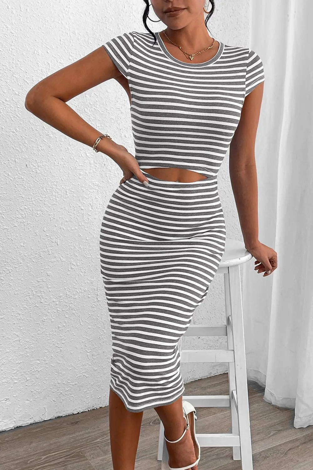 PRETTYGARDEN Women's Long Sleeve Midi Bodycon Dresses Casual Crewneck Cut Out Ribbed Knit Fitted Pencil Dress