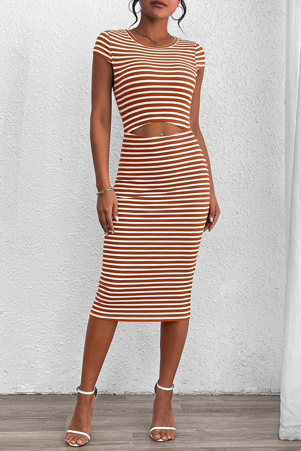 PRETTYGARDEN Women's Long Sleeve Midi Bodycon Dresses Casual Crewneck Cut Out Ribbed Knit Fitted Pencil Dress