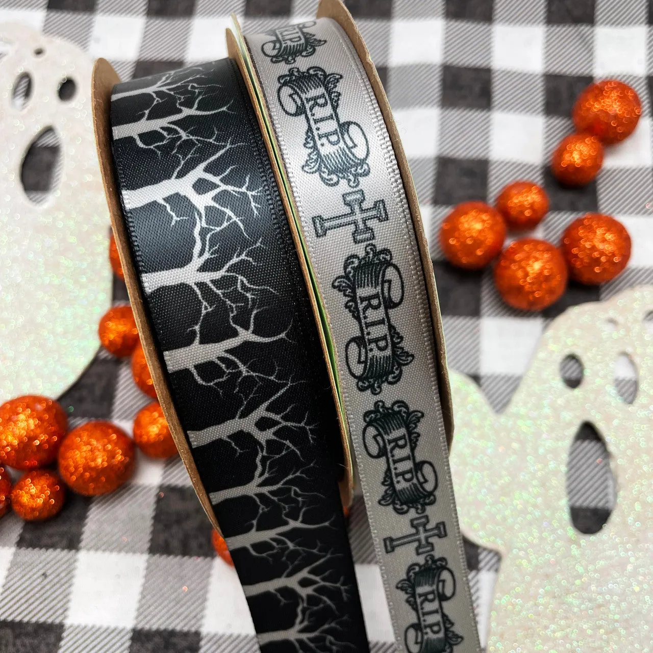 RIP Graveyard ribbon for Halloween in black ink printed on 5/8" silver single face satin