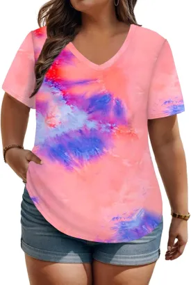 ROSRISS Plus Size Tops for Women Casual Summer T Shirts V Neck Short Sleeve Tunics